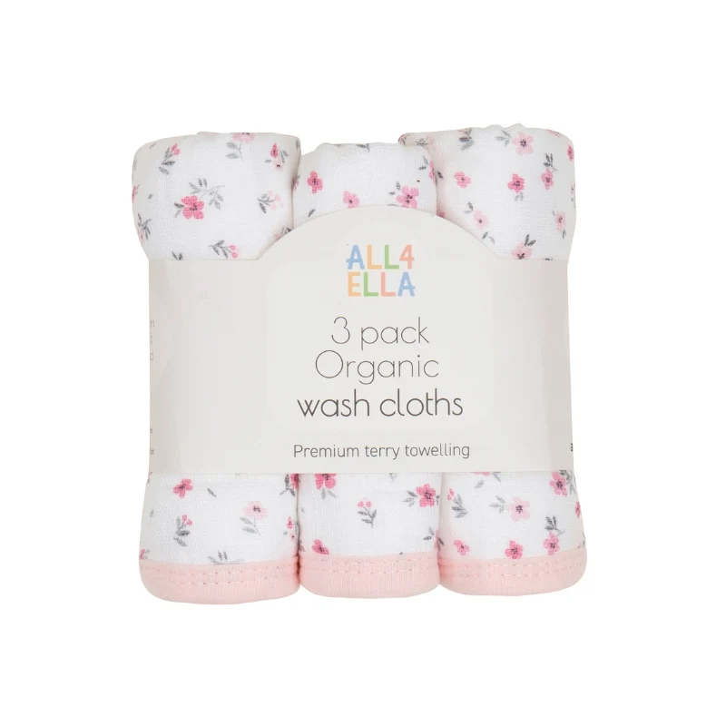 All4Ella Organic Wash Cloths 3pk Floral Pink Petals