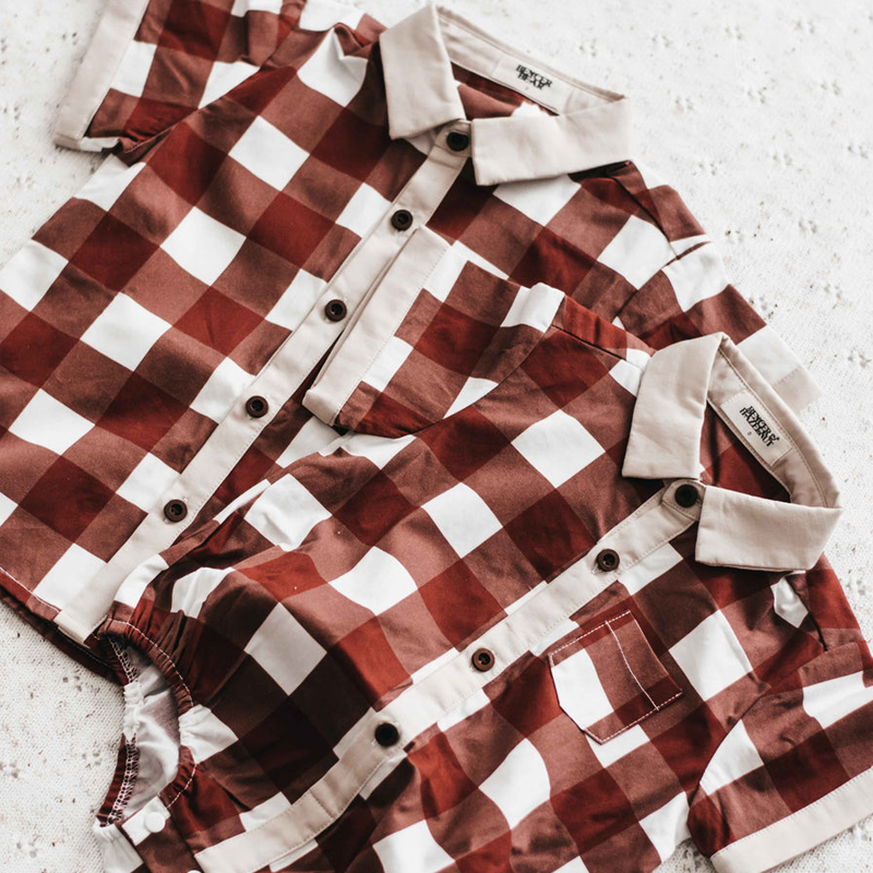 Bencer & Hazelnut Collared Romper/Shirt Red Gingham